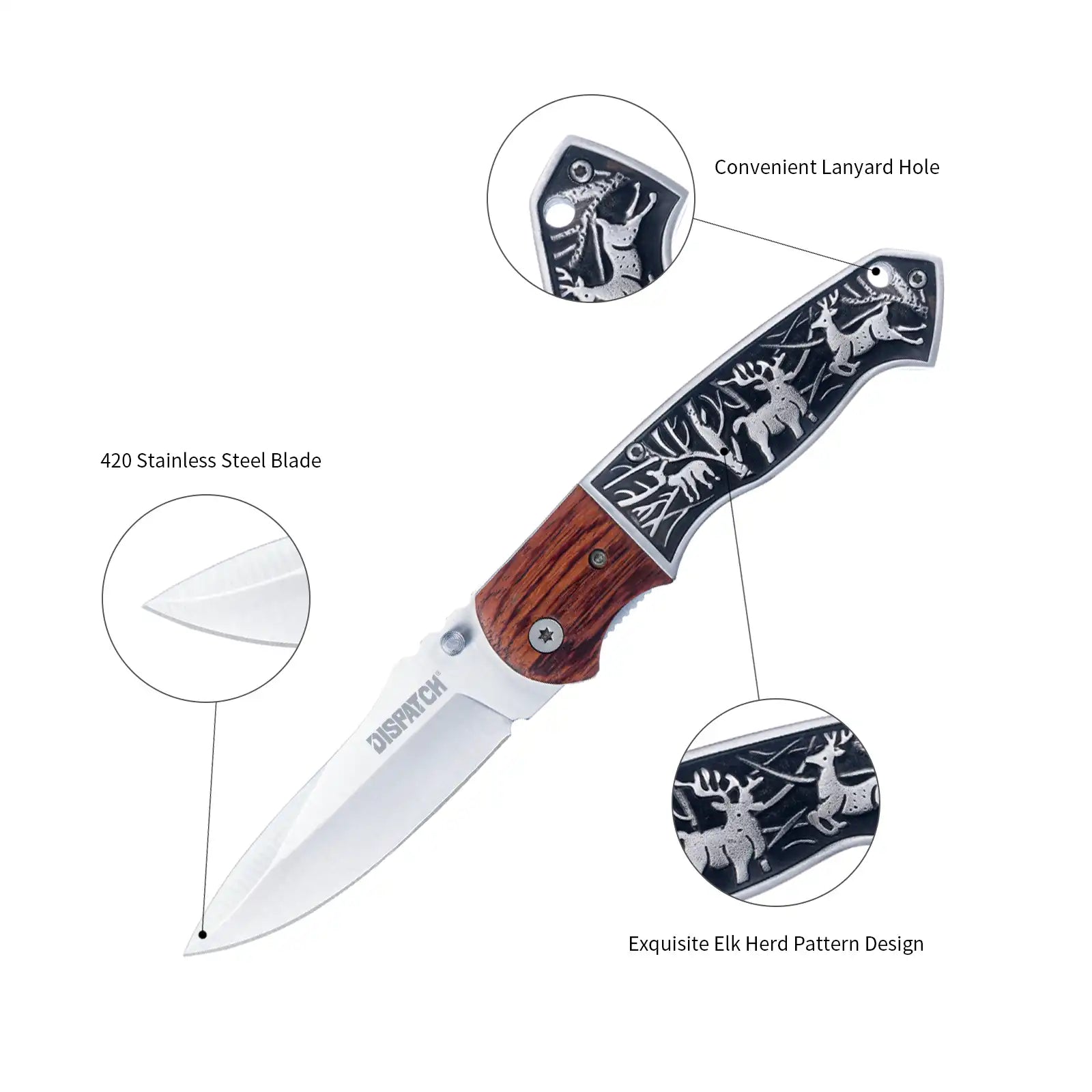 4.7” Folding Knife Stainless Steel Blade With Elk Herd Design