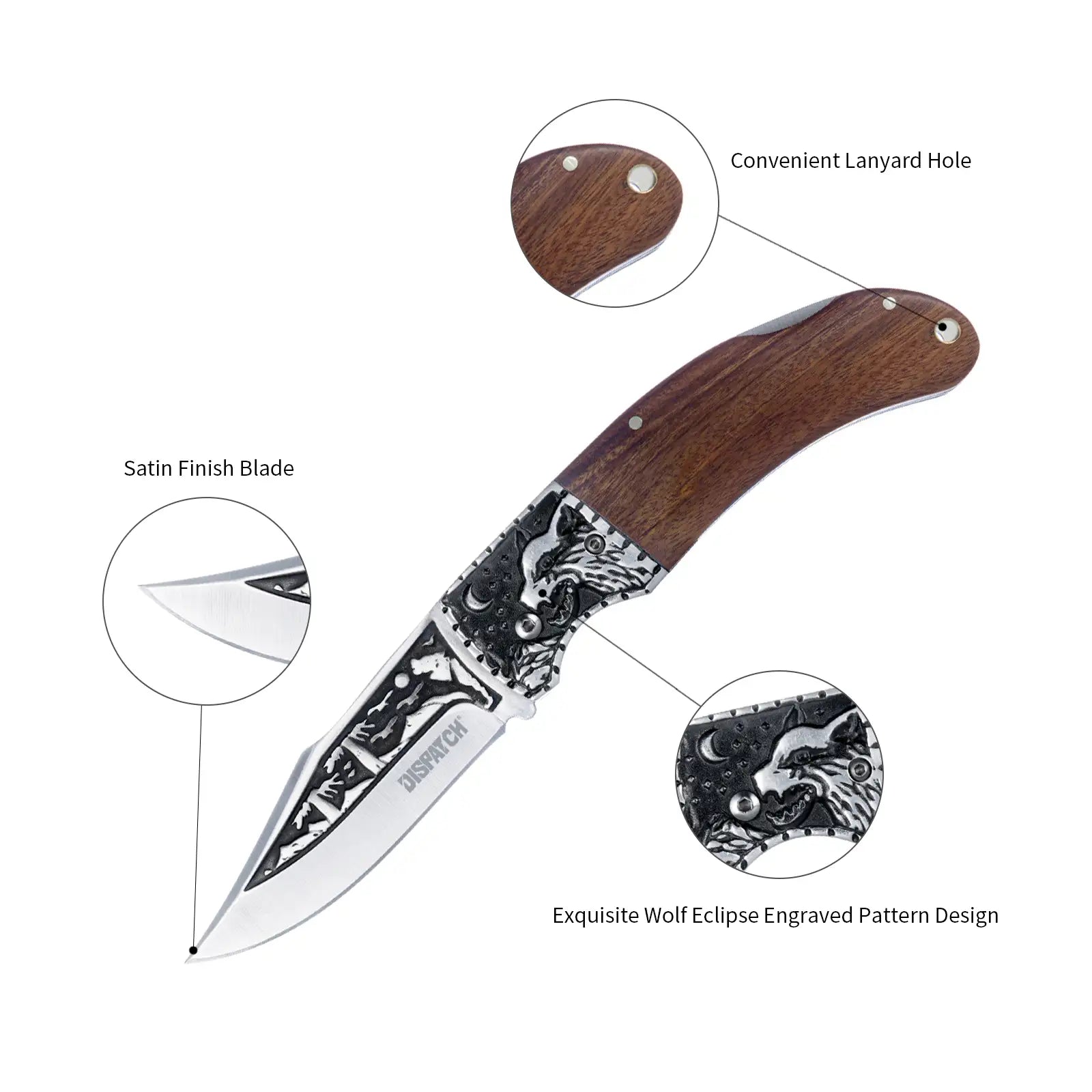 Wolf Pattern Pocket Knife Hunting Camping Stainless Steel Blade