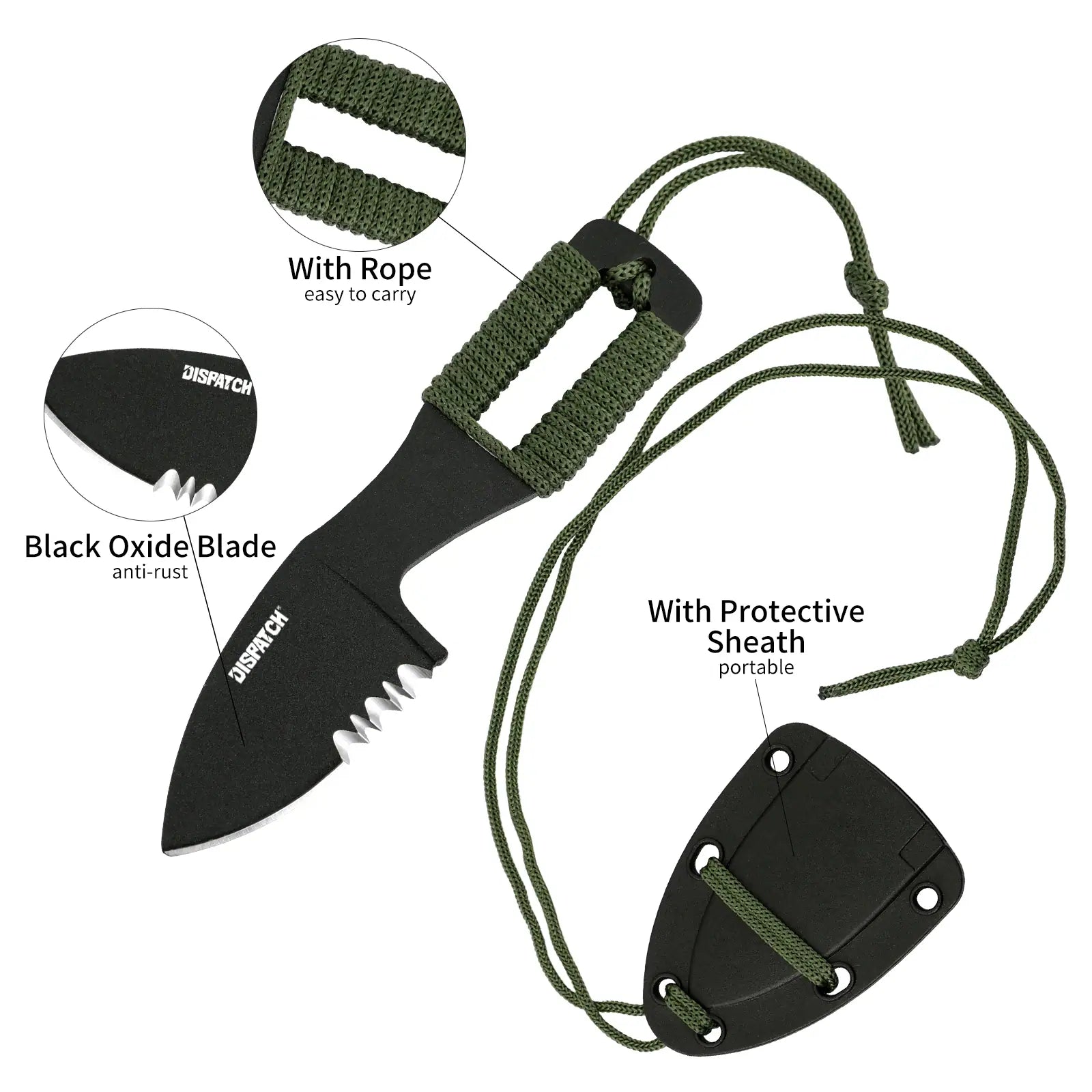 Black Oxide Fixed Blade with Rope and Sheath for EDC