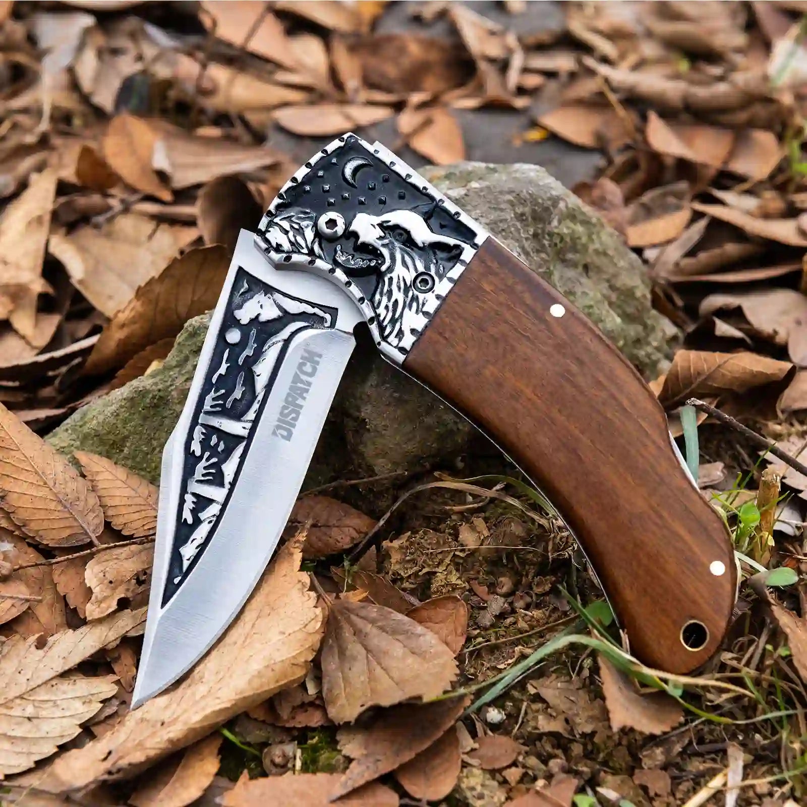 Wolf Pattern Pocket Knife Hunting Camping Stainless Steel Blade