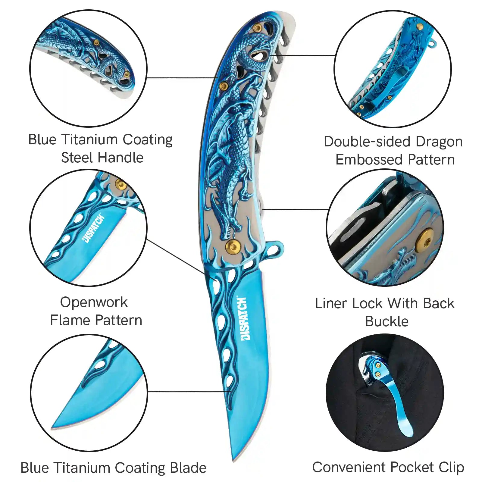 Dispatch Pocket Knife for Men Women with Clip, Folding Knife with Dragon Pattern Handle