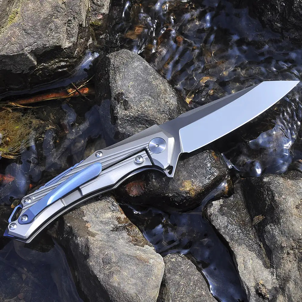 5" D2 Blade And Titanium Handle Folding Knife With Nylon Sheath