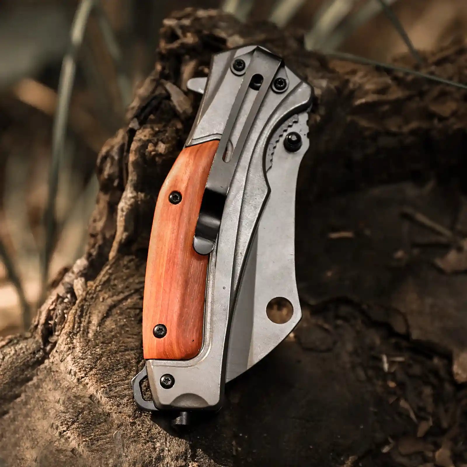Matte Grey Folding Knife with Wood Handle