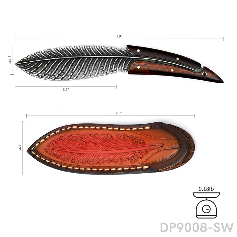 Damascus Steel Fixed Blade Knife in Feather Design with Outdoor Hunting & Survival - Dispatch Outdoor Life