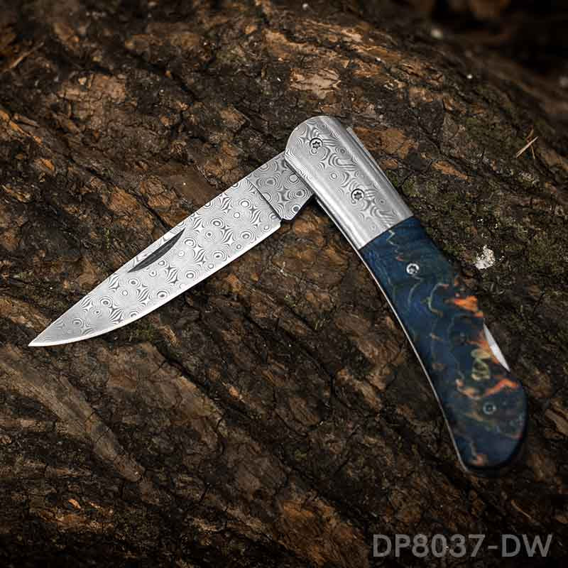 EDC Folding Hunter Damascus Steel Pocket Knife Back Lock Straight Blade with Sheath
