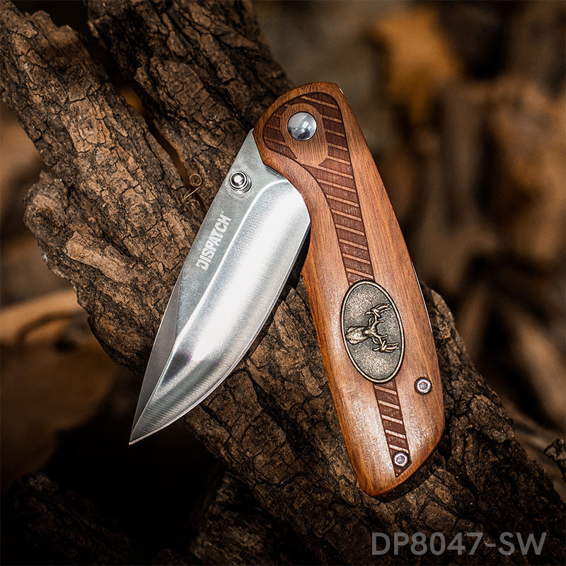EDC Folding Combat Tactical Knife with Deer Medallion wood Handle for Christmas Day Gift - Dispatch Outdoor Life