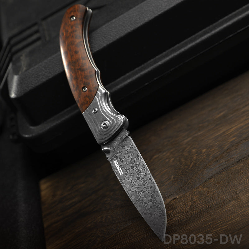 High End Genuine Damascus Pocket Knives with Wood Handle