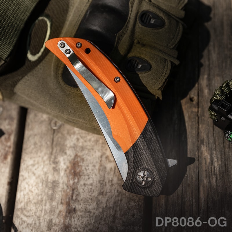Trailing Point Blade Folding Pocket Knife with Orange G10 Handle