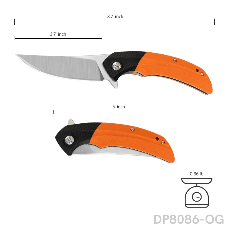 Trailing Point Blade Folding Pocket Knife with Orange G10 Handle