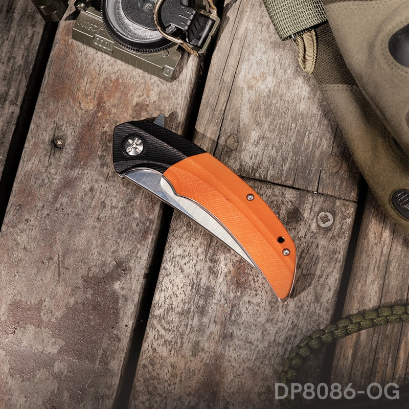 Trailing Point Blade Folding Pocket Knife with Orange G10 Handle
