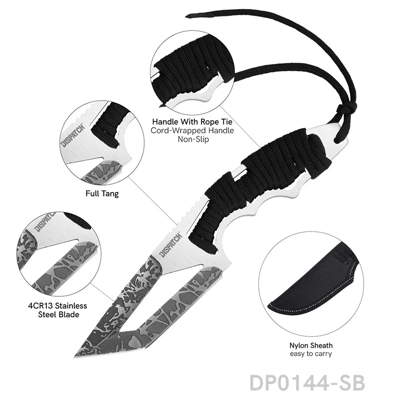 Full Tang Tanto Fixed Blade Knife with Sheath and Cord-Wrapped Handle