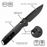 Black folding knife with labeled features on a white background