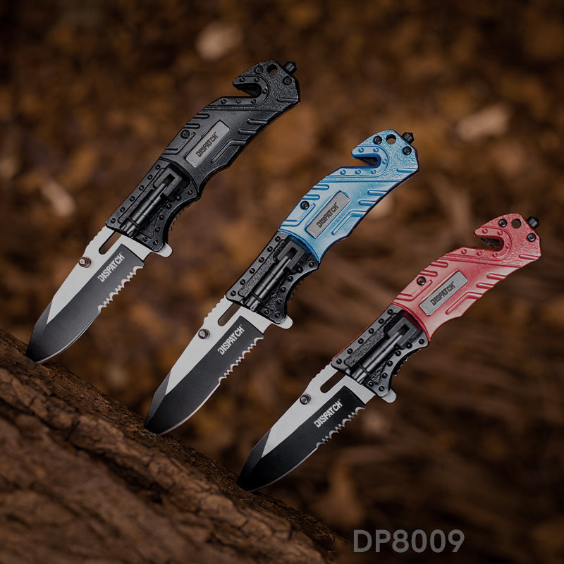 4.75'' Closed Folding Pocket Knife with Serrated Clip Point Blade, Glass Breaker, and Flashlight