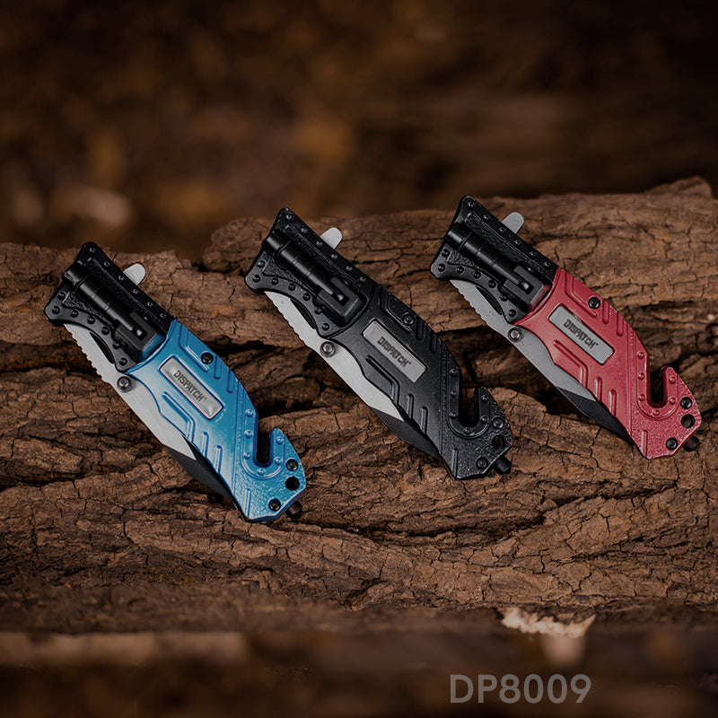 4.75'' Closed Folding Pocket Knife with Serrated Clip Point Blade, Glass Breaker, and Flashlight