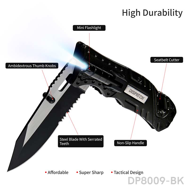 4.75'' Closed Folding Pocket Knife with Mini Flashlight, Serrated Clip Point Blade and Aluminum Handle for Outdoor, Tactical, Survival, and EDC - Dispatch Outdoor Life