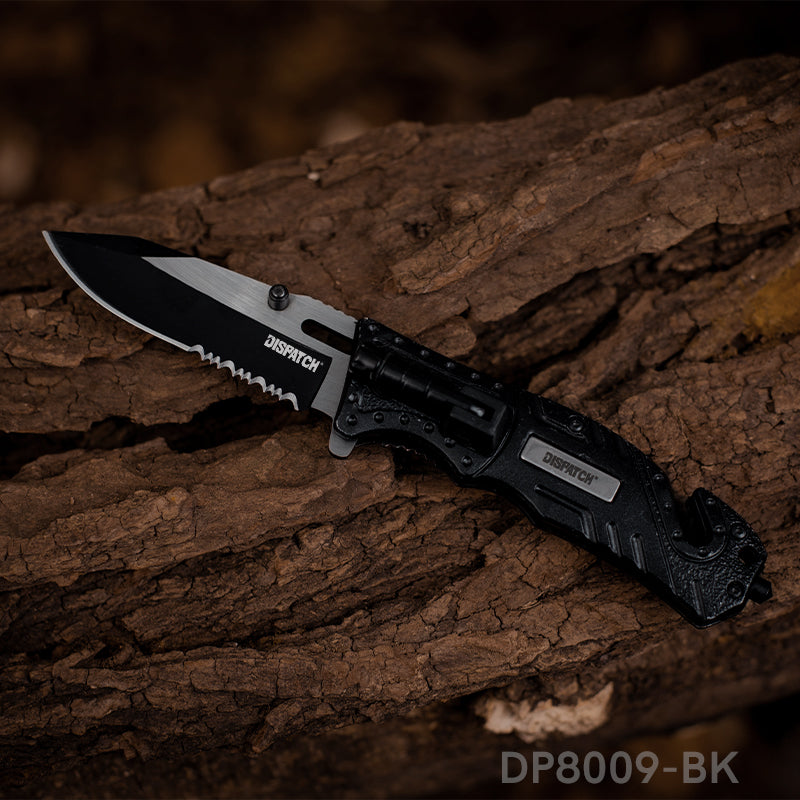 4.75'' Closed Folding Pocket Knife with Serrated Clip Point Blade, Glass Breaker, and Flashlight