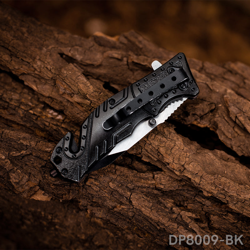 4.75'' Closed Folding Pocket Knife with Serrated Clip Point Blade, Glass Breaker, and Flashlight