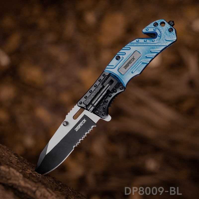 4.75'' Closed Folding Pocket Knife with Serrated Clip Point Blade, Glass Breaker, and Flashlight