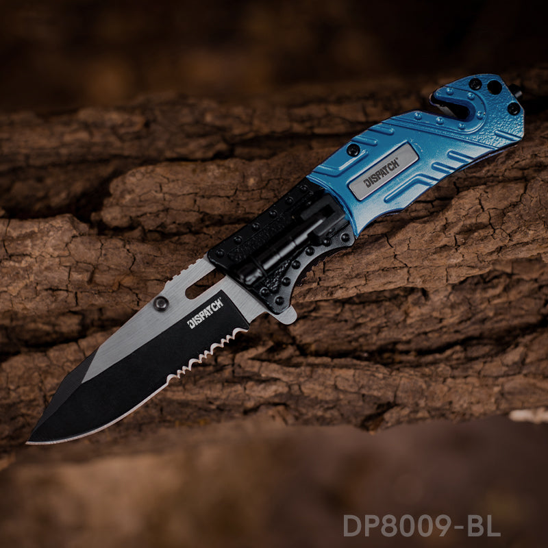 4.75'' Closed Folding Pocket Knife with Serrated Clip Point Blade, Glass Breaker, and Flashlight