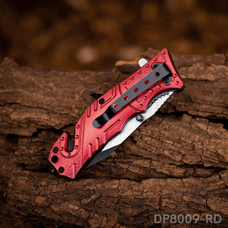 4.75'' Closed Folding Pocket Knife with Serrated Clip Point Blade, Glass Breaker, and Flashlight