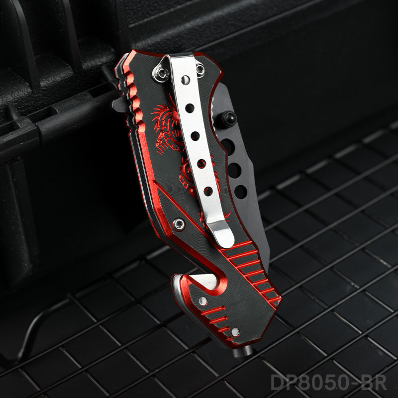 Blackened Blade Folding Knife with Dragon Patterned Aluminum Handle