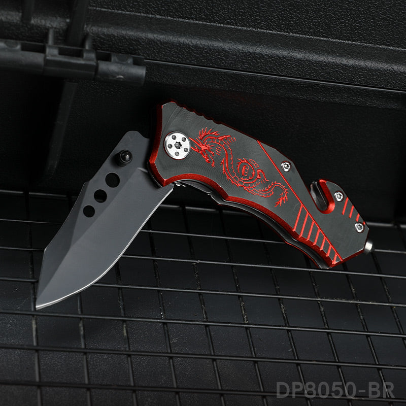 Blackened Blade Folding Knife with Dragon Patterned Aluminum Handle