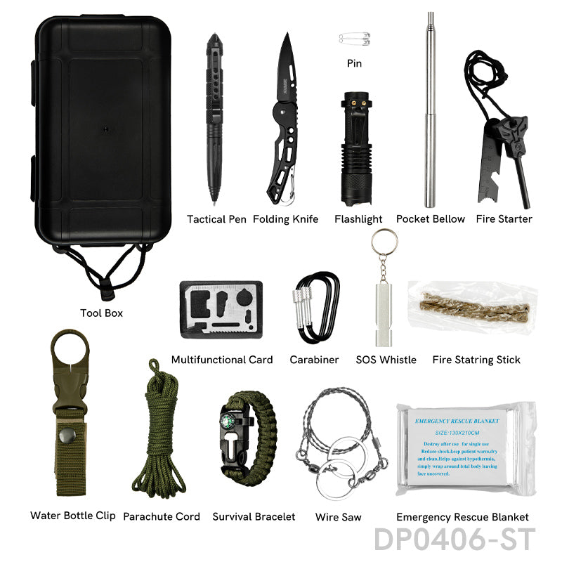16 in 1 Compact Emergency Survival Kit for Camping, Hiking, Hunting, F –  Dispatch Knives
