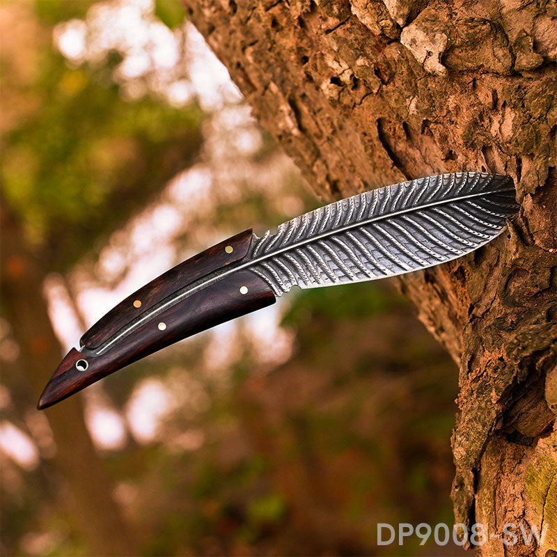 Damascus Steel Feather Pattern Knife EDC with Sheath, Fixed Blade