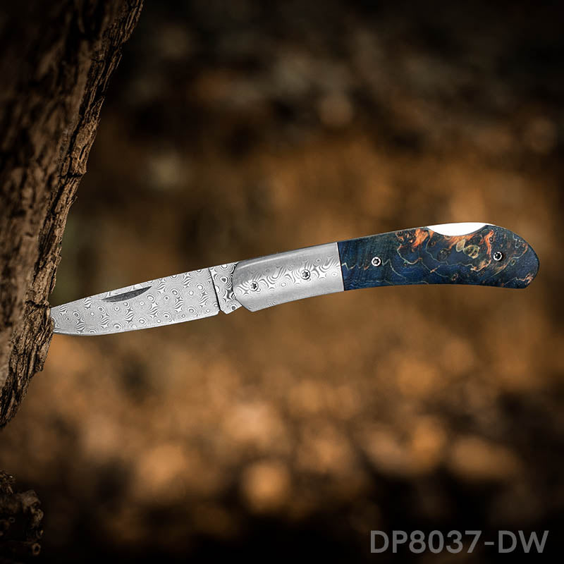 EDC Folding Hunter Damascus Steel Pocket Knife Back Lock Straight Blade with Sheath