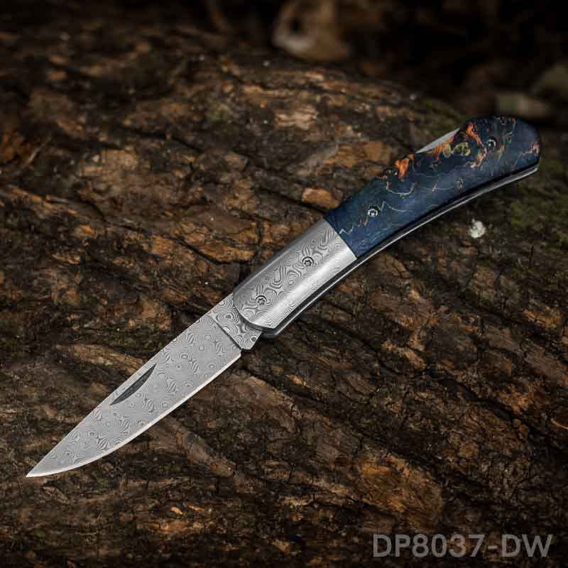 EDC Folding Hunter Damascus Steel Pocket Knife Back Lock Straight Blade with Sheath