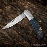EDC Folding Hunter Damascus Steel Pocket Knife Back Lock Straight Blade with Sheath