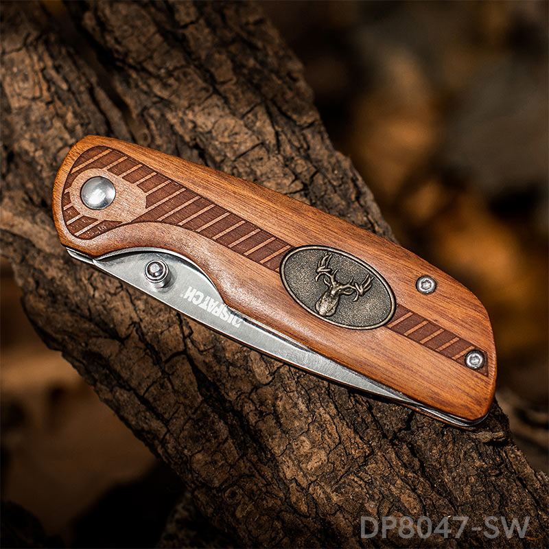 EDC Folding Combat Tactical Knife with Deer Medallion wood Handle for Christmas Day Gift - Dispatch Outdoor Life