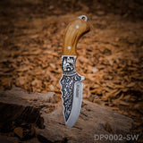 Fixed Blade Hunting Knife Full Tang with Sheath, Exquisite Dragon Pattern Blade and Wood Handle