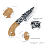 Fixed Blade Hunting Knife Full Tang with Sheath, Engraved Dragon pattern - Dispatch Outdoor Life