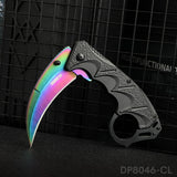 Folding Curved Pocket Knife Rainbow Titanium Hawkbill Plain Blade with Sheath and Cord