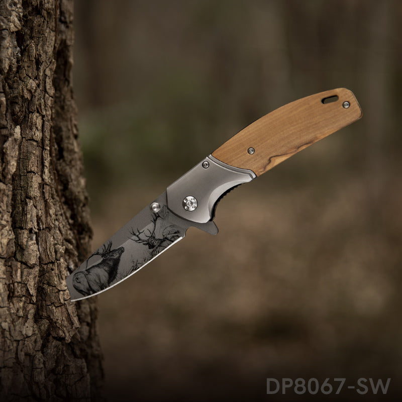 Stainless Steel Folding Knife with 3D Printing Pattern Blade and Non-Slip Olive Wood Handle