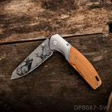 Stainless Steel Folding Knife with 3D Printing Pattern Blade and Non-Slip Olive Wood Handle