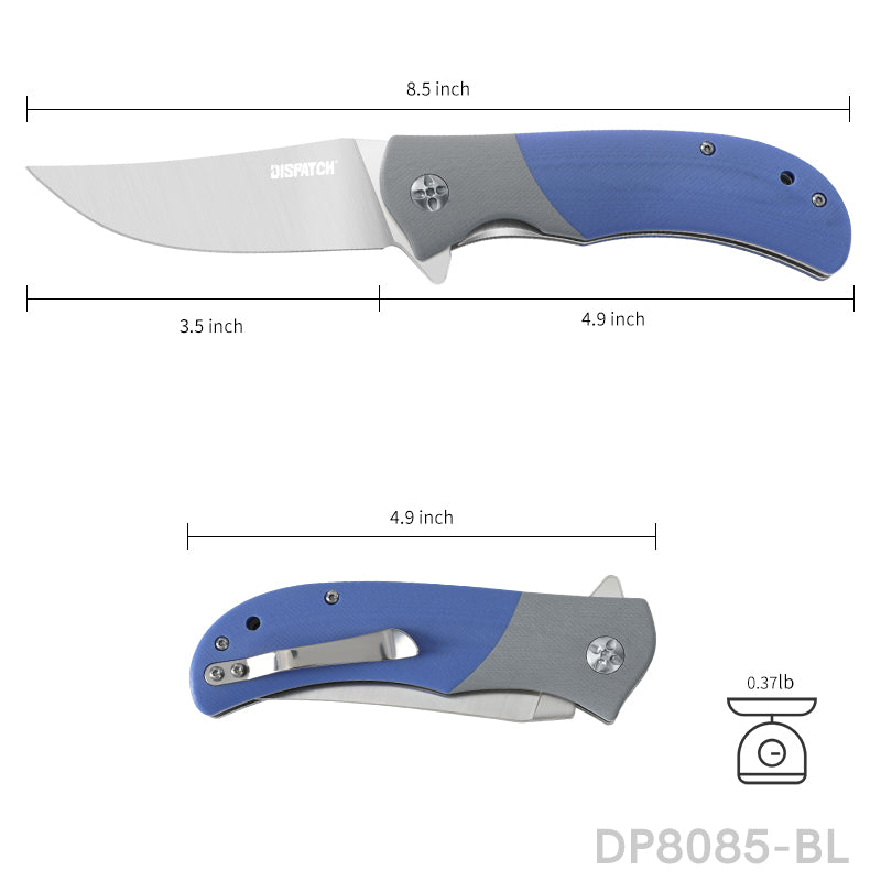 Trailing Point Blade Flipper Knife EDC with Blue G10 Handle