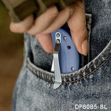 Trailing Point Blade Flipper Knife EDC with Blue G10 Handle