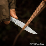 Vintage Damascus Folding Pocket Knife with Wood Handle for Hiking, Camping & EDC